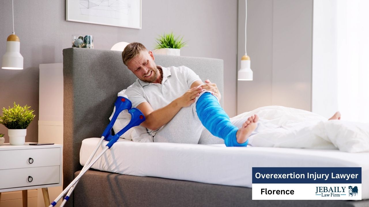 An injured man lies in bed with a bright blue leg cast, appearing to be in pain.