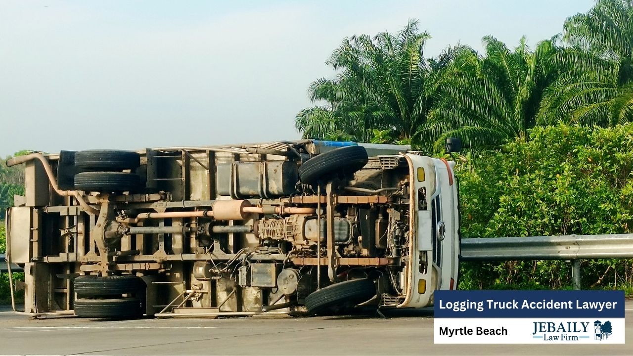 The image shows a large, white logging truck lying on its side on the pavement. The truck's undercarriage, including its axles, tires, and various mechanical components, are visible. The road is bordered by a metal guardrail and lush green vegetation, including palm trees.