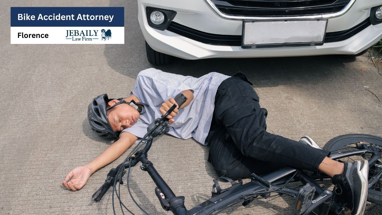 The image depicts a staged scene of a bicycle accident with a man lying on the ground next to his fallen bicycle, with a car visible in the background.