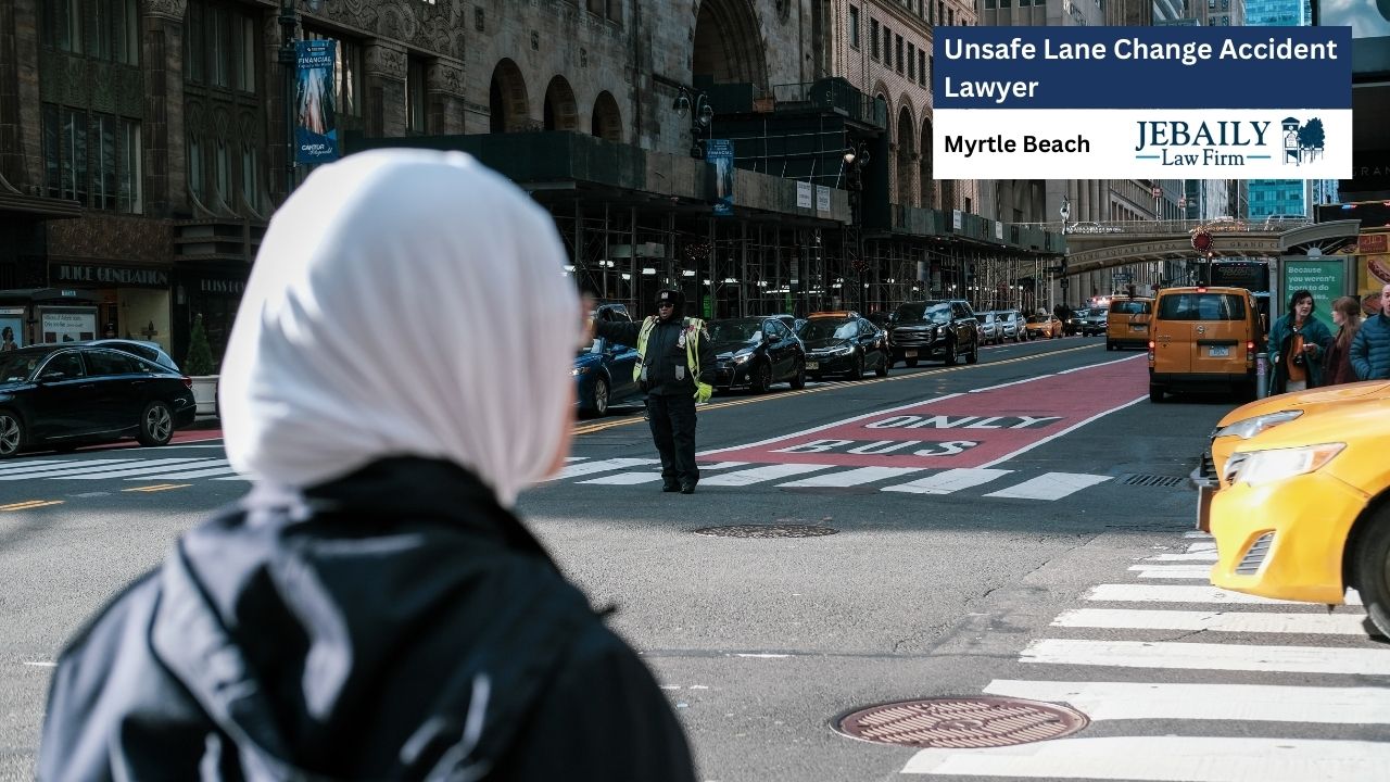 A person wearing a white hijab is observing a street scene with traffic and a traffic controller, overlaid with an advertisement for a law firm.