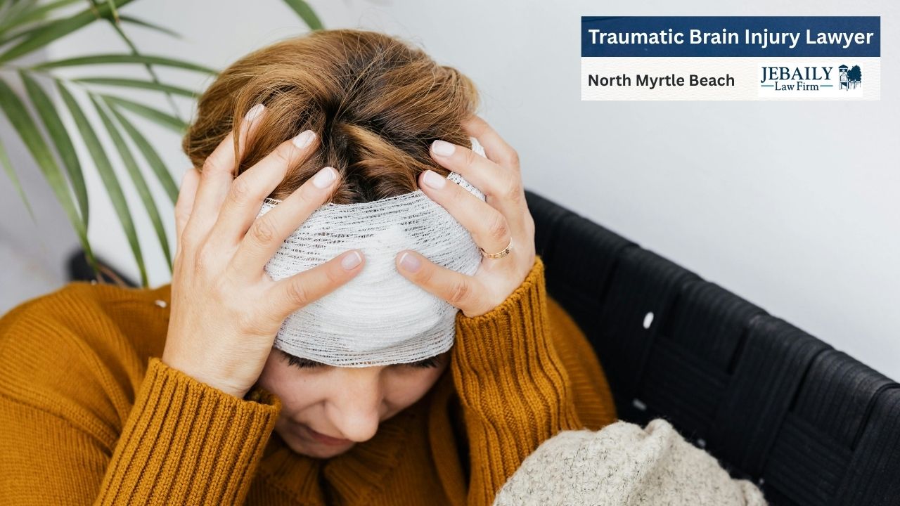 The image depicts a woman experiencing distress and pain, likely due to a traumatic brain injury, with superimposed text serving as a legal advertisement.