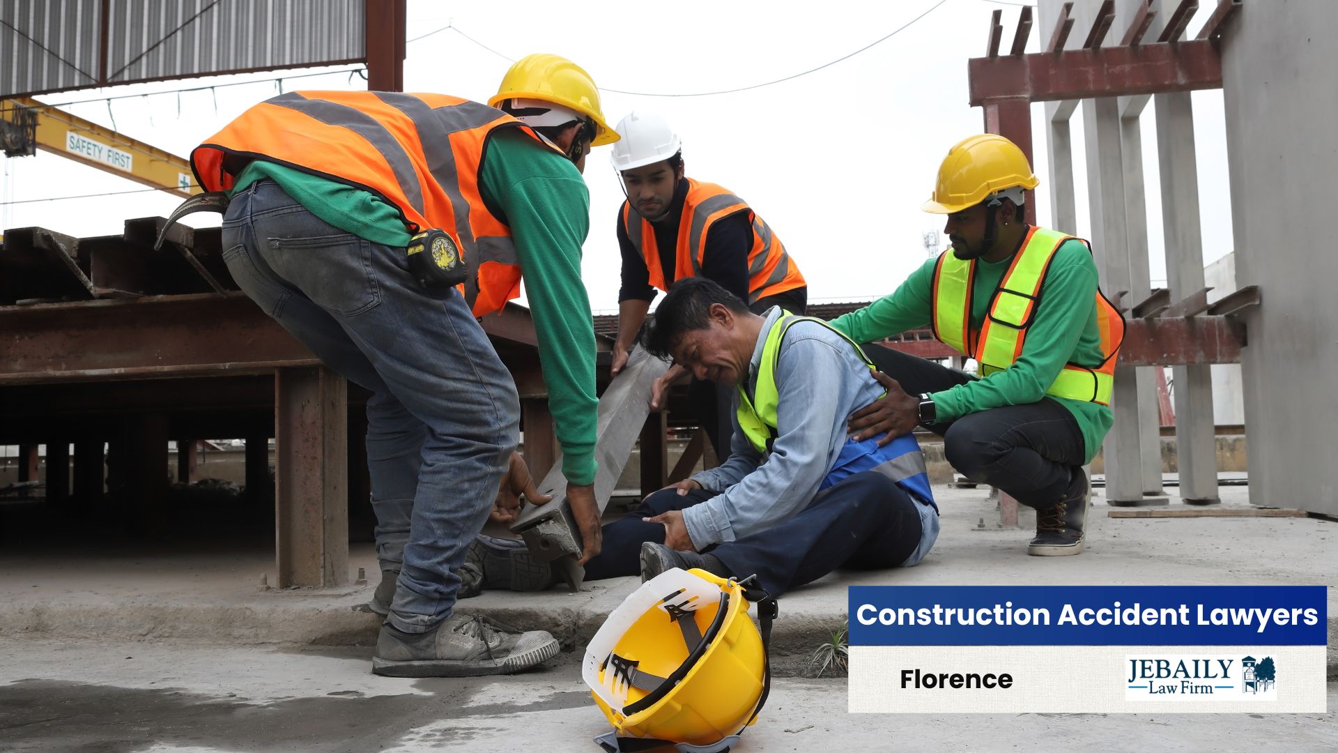 The image depicts a construction site accident where a worker is being attended to by colleagues, highlighting the dangers of the profession and the need for legal representation.