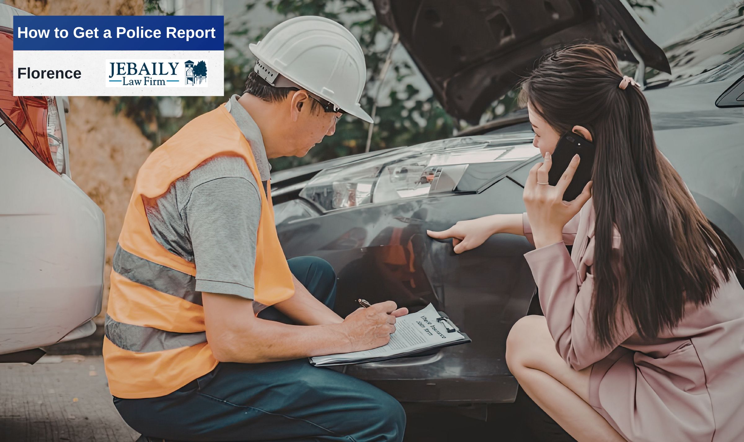 This image depicts a scene following a car accident where a law firm representative is documenting the damage while a client makes a phone call.